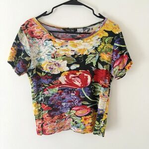 Take Two Womens Floral Knit Top M Beaded Y2K Fairy Grunge Boho Painterly Tee